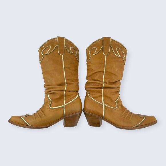 Naona Nana? Light Brown Leather Tall 2.5" Stacked Heel Western Cowgirl Boots 7.5 - Picture 5 of 10